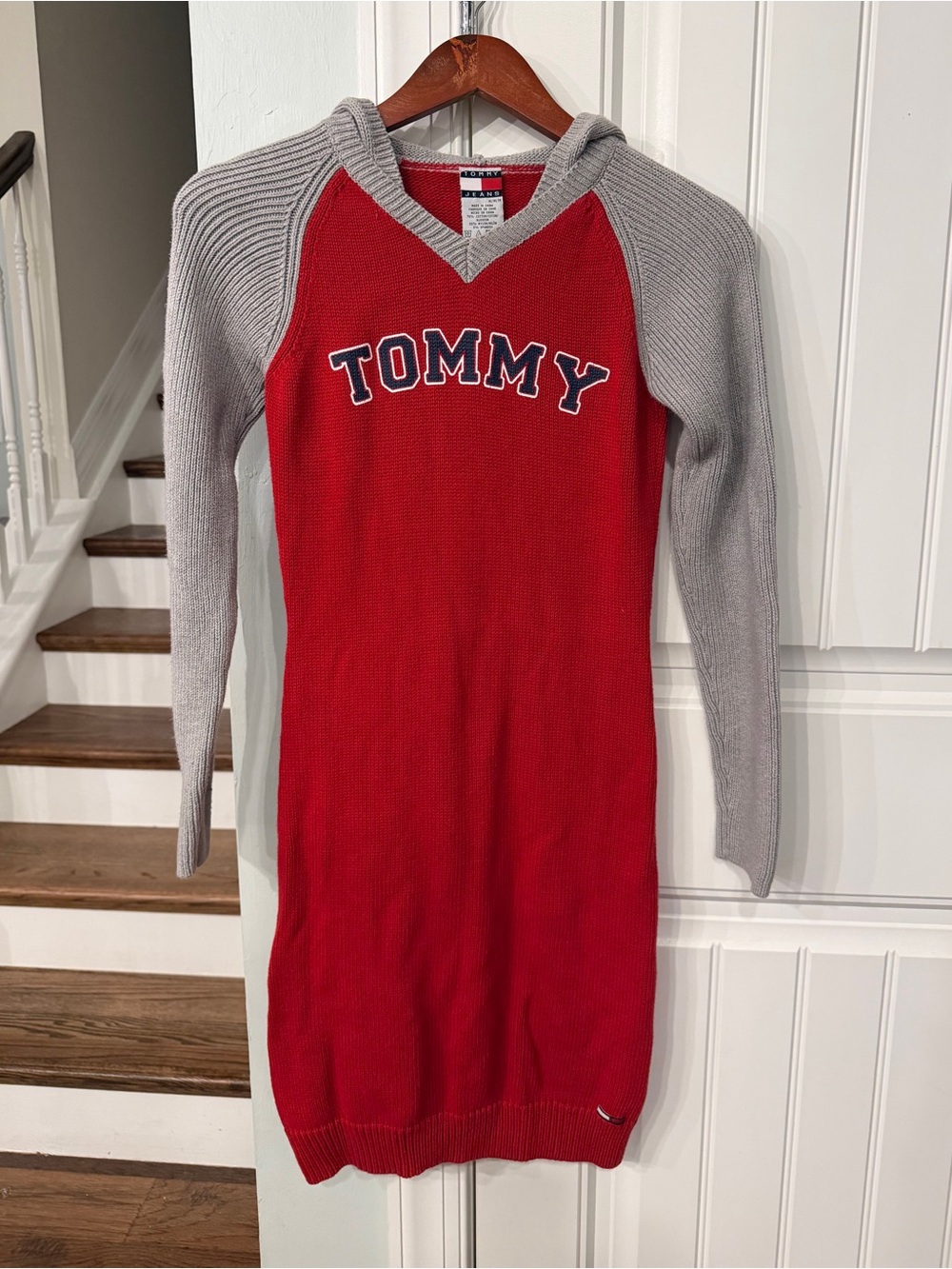 Vintage Tommy Hilfiger Tommy Jeans Red Knit Hooded Sweater Dress Gray Sleeves